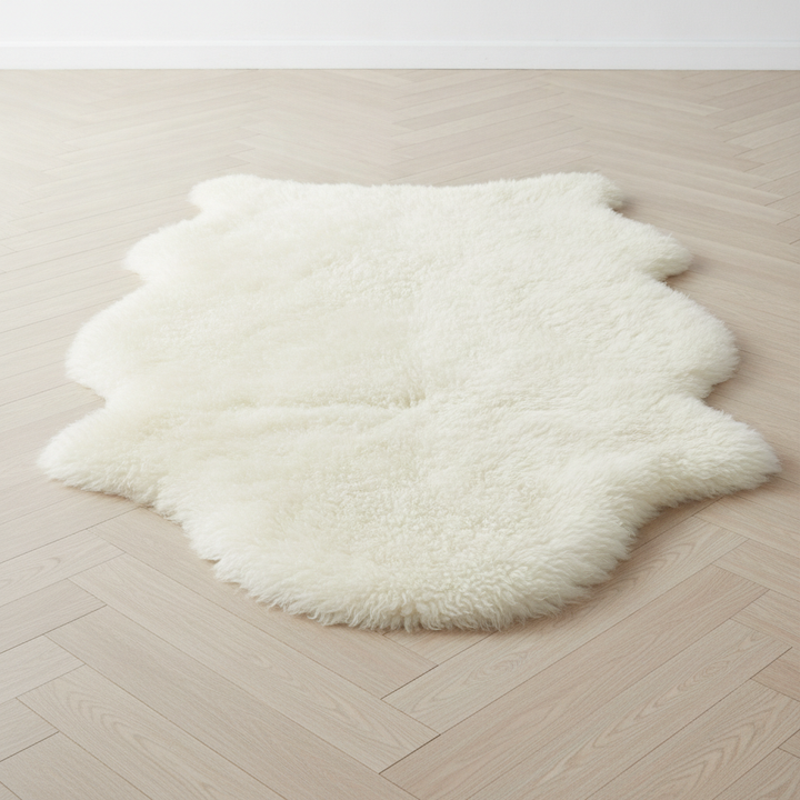 Luxurious white sheepskin rug adding warmth and texture to a cozy living room, highlighting its lasting beauty and quality.