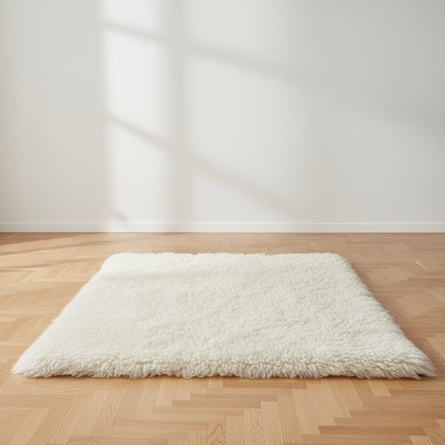 Spot cleaning a stain from a white Woolous sheepskin rug with a soft cloth.
