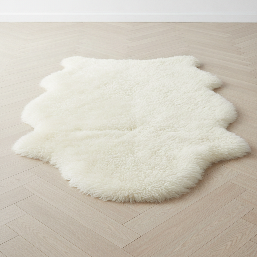 Luxurious white sheepskin rug adding warmth and texture to a cozy living room, highlighting its lasting beauty and quality.