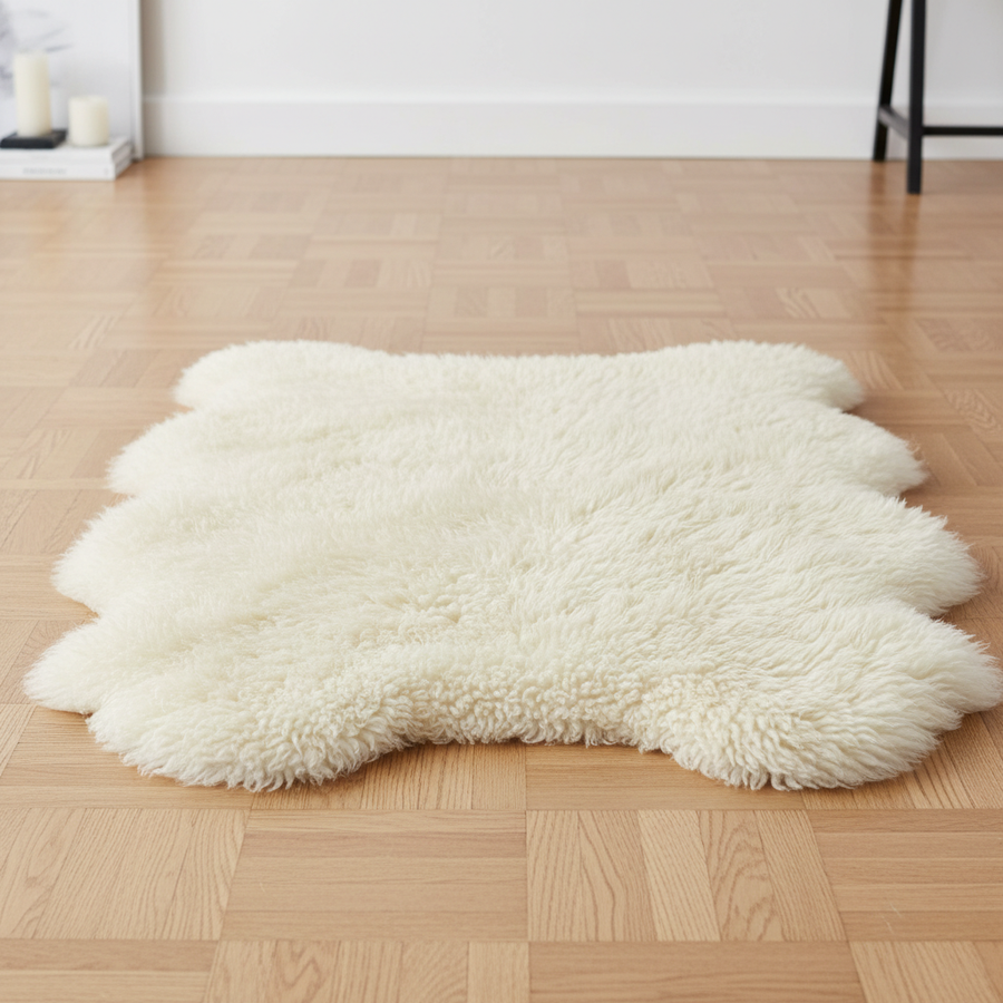 Pet resting near a soft Woolous sheepskin rug in a pet-friendly home.