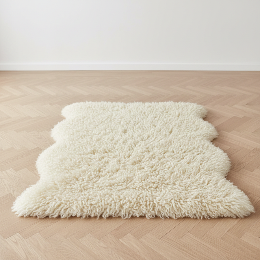 Natural Woolous sheepskin rug used as a soft decor accent in a nursery.