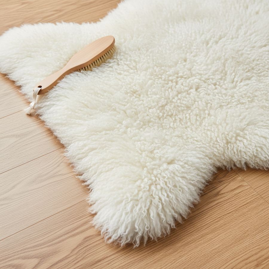 Cleaning a Woolous sheepskin rug at home with gentle wool-safe care.