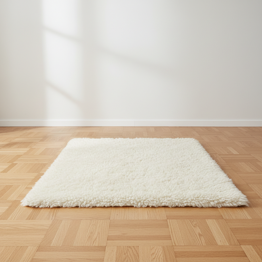 Natural ivory Woolous sheepskin rug adding soft texture to a modern living room sofa.