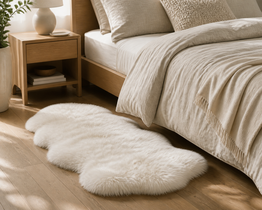 White genuine sheepskin rug styled beside a bed for a care guide