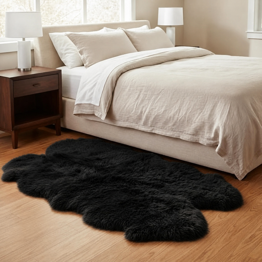 Black 4 × 6 ft quad-pelt sheepskin rug beside a bed on a wooden floor